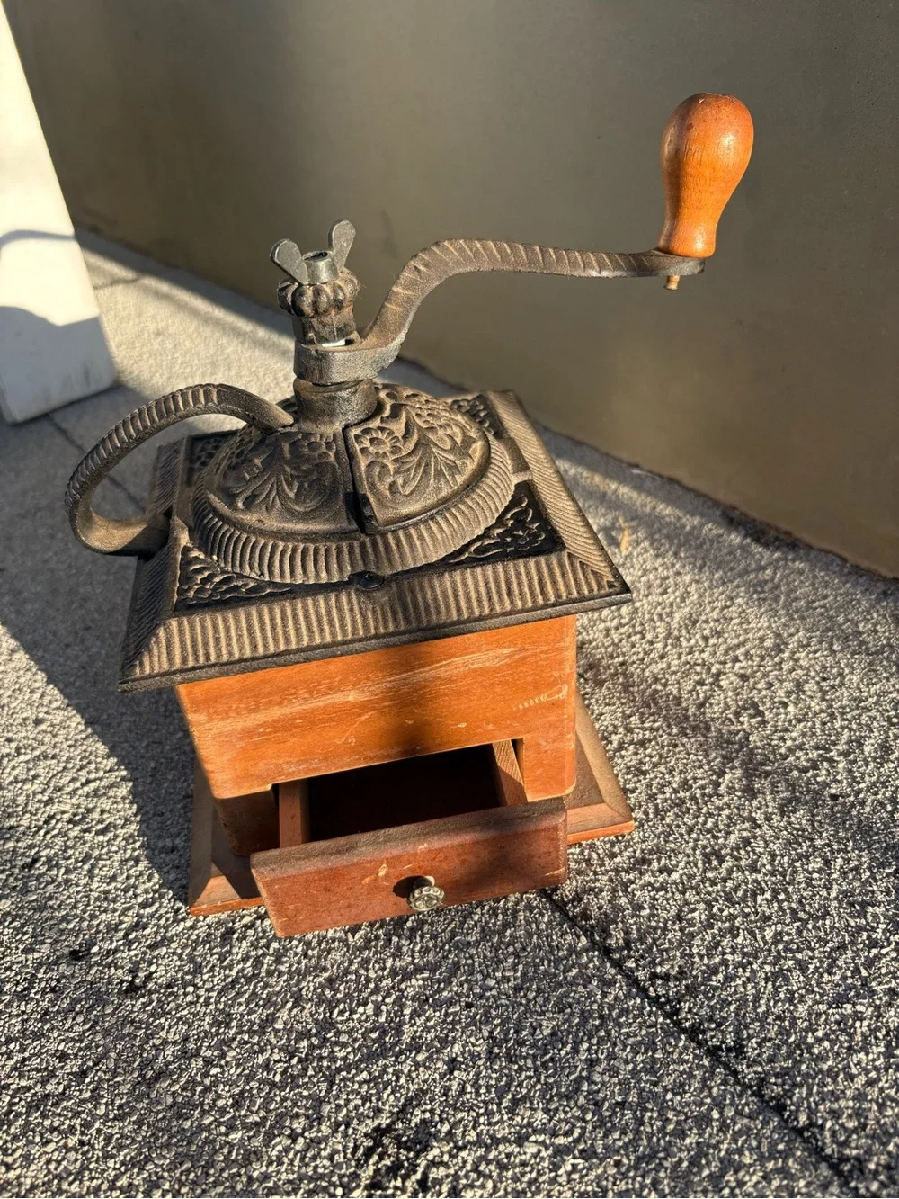 Vintage Wooden hand crank coffee grinder cast iron Rustic farmhouse decor